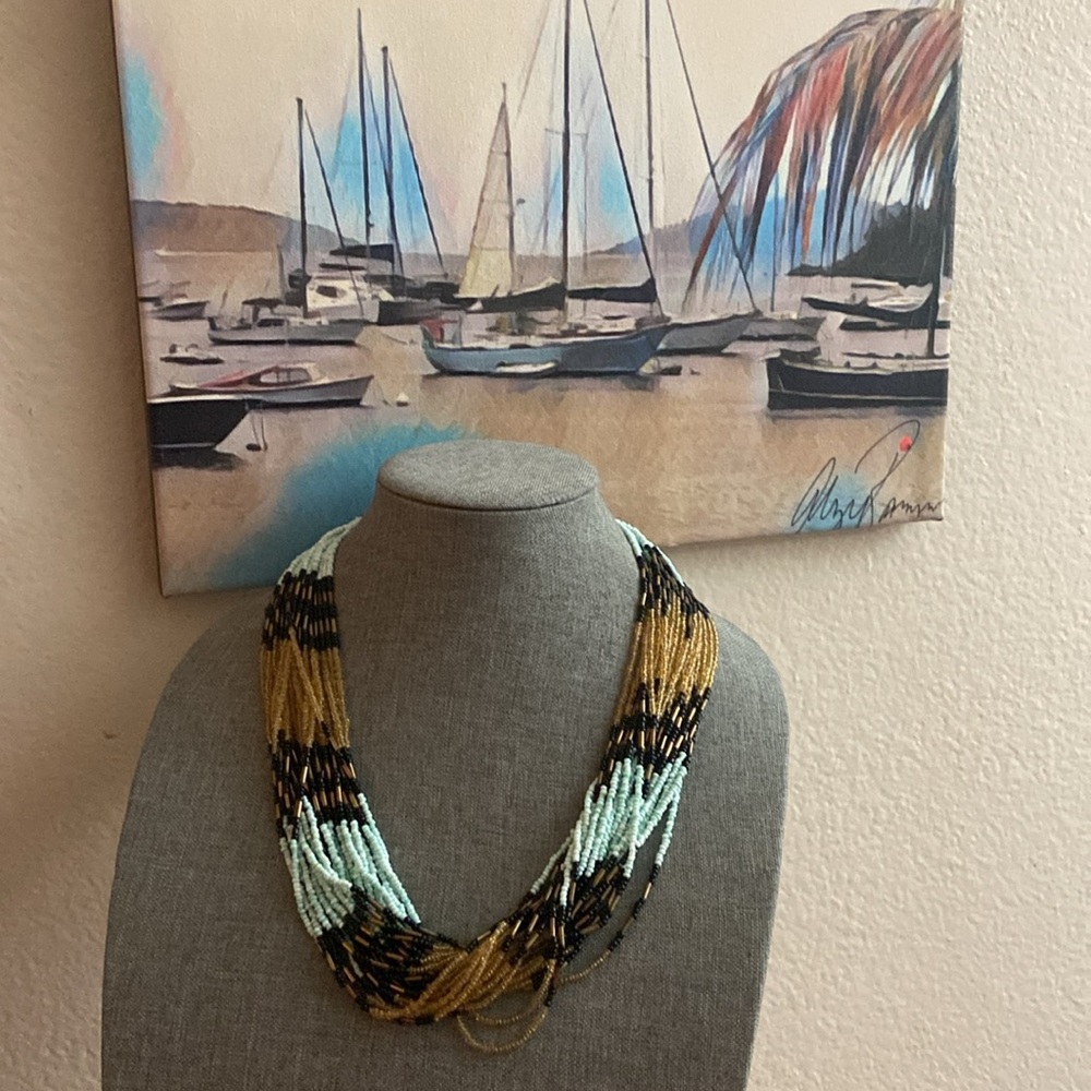 Vintage 80s 24 Strands of Aqua Gold & Black Glass Seed Beads Necklace - Picture 1 of 5